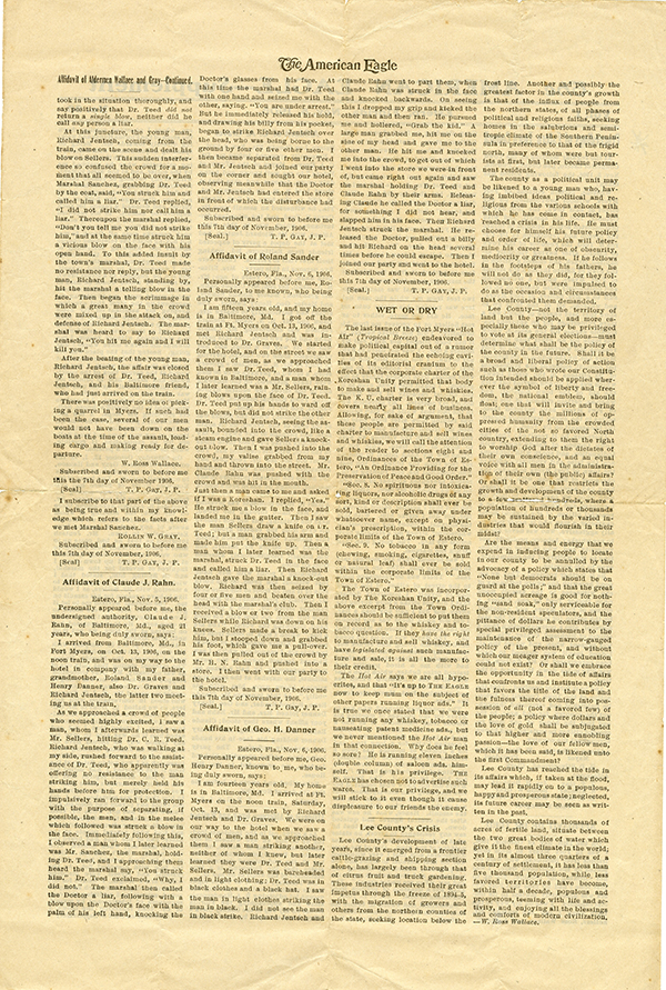 Recounting of the Ft. Myers brawl in the Unity&rsquo;s newspaper, <em>The American Eagle</em>
