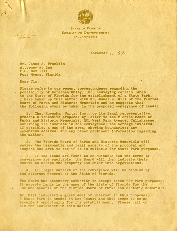 Letter from Parker Holt with attached letter from Governor Collins, 1956
