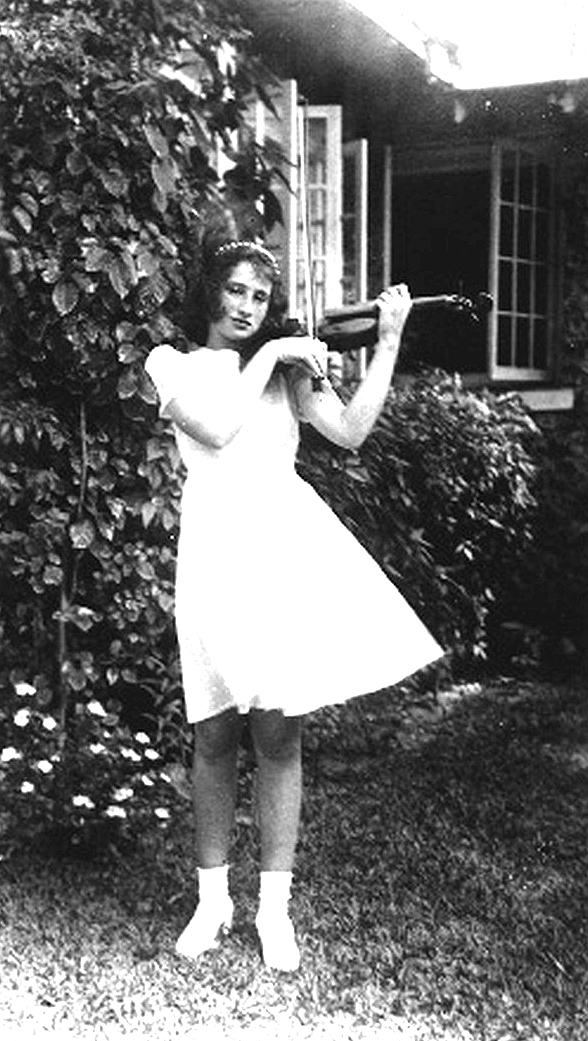 June Levy posing with her violin