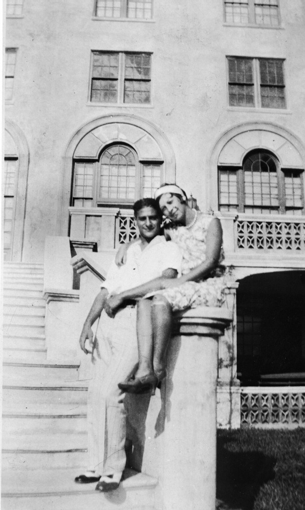 Meyer Miller and Goldie Jacobs Schuster on steps of Don Cesar Hotel.