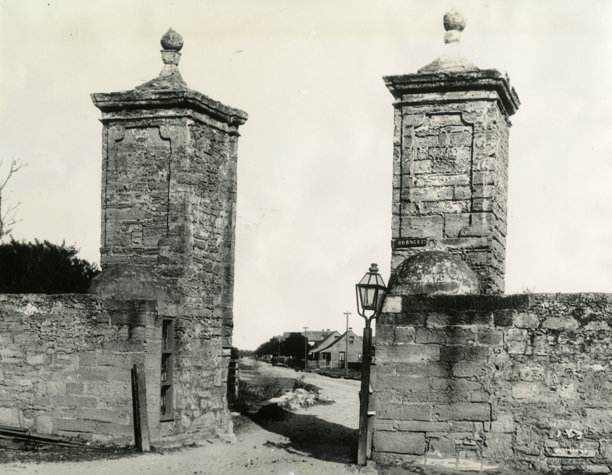 Looking north at city gates from Orange St. in St. Augustine, Florida.