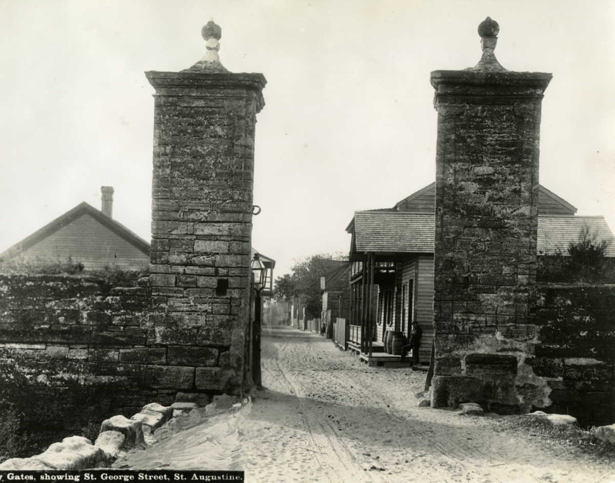 Looking south at city gates on St. George St. in St. Augustine, Florida.