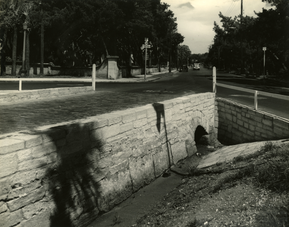 Restored coquina bridge across moat at the City Gates in St. Augustine, Florida.