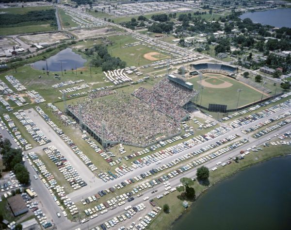 Aerial view overlooking Orlando's Tangerine Bowl during protest rally.