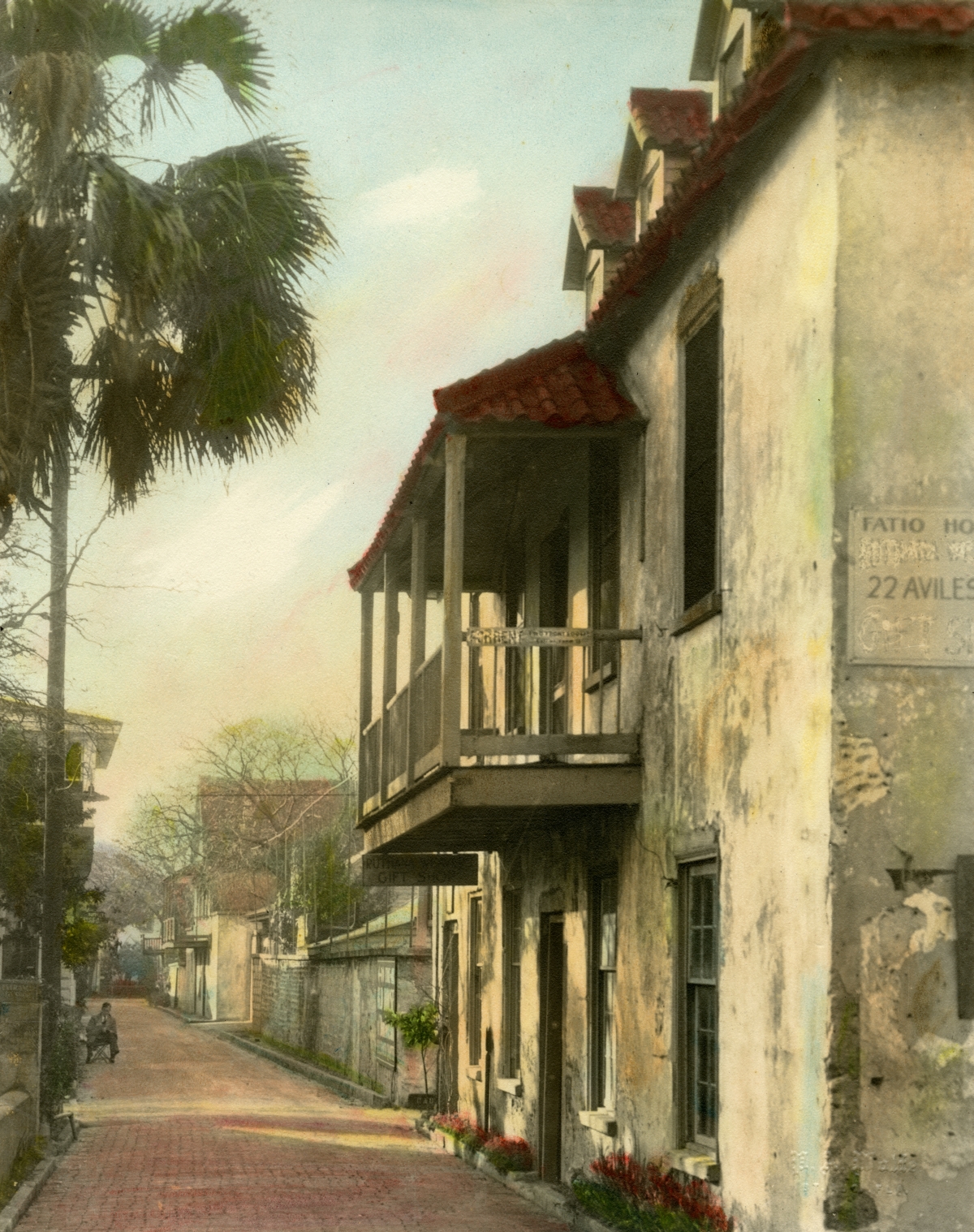 Looking south on Aviles Street in front of the historic Fatio House in St. Augustine, Florida.