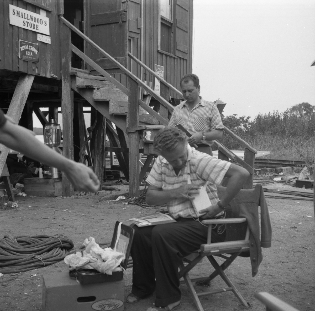 Screenwriter Budd Schulberg on location of the movie "Wind Across the Everglades" in Chokoloskee.
