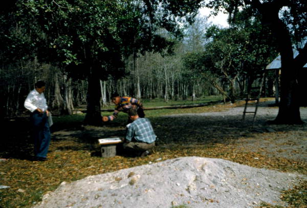 Men studying mound