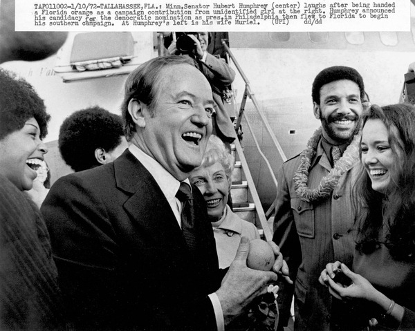 Senator Hubert Humphrey and his wife Muriel arriving at the Tallahassee airport.