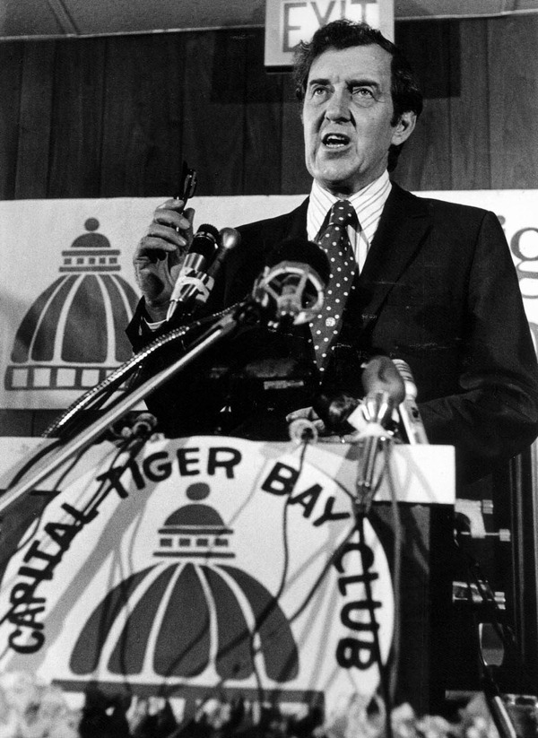 Maine Senator Edmond Muskie speaking at the Capital Tiger Bay Club .