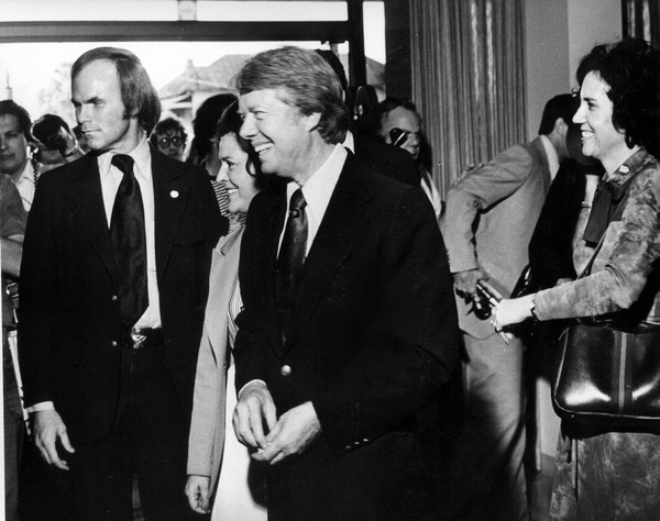 Jimmy Carter walking through a crowd at the March presidential primary.