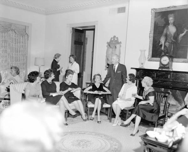 Florida Governor Farris Bryant drinking coffee with women at the Governor's Mansion in Tallahassee, Florida.