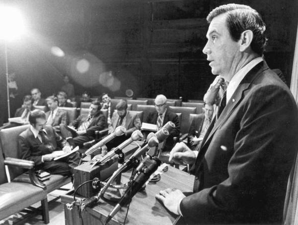 Florida Governor Reubin Askew at a press conference