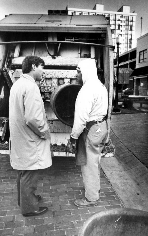 Florida Governor Bob Graham talking with a City of Tallahassee garbage collector