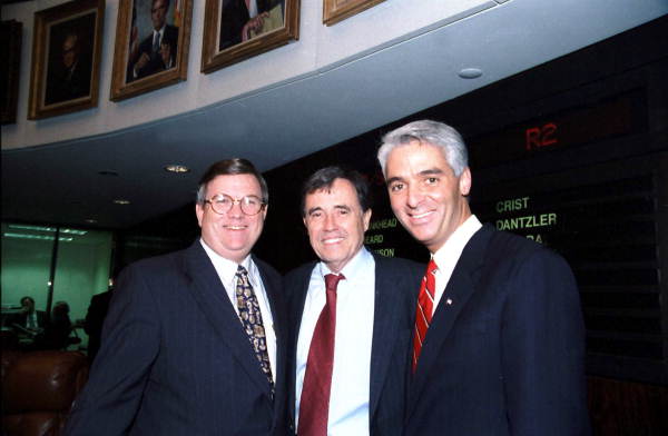 Group portrait of Florida State Senators John Grant, Louis de la Parte and Charlie Crist during the 1996 Legislative Session - Tallahassee, Florida.