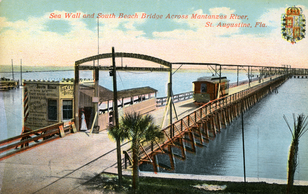 Sea wall and South Beach Bridge across Mantanzas River, St. Augustine, Fla.
