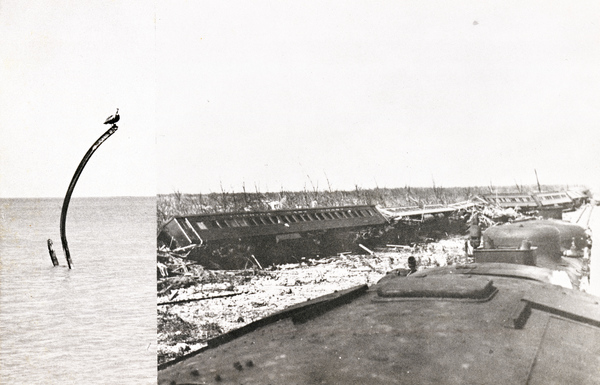 Two views showing hurricane damage to the Overseas Railway.