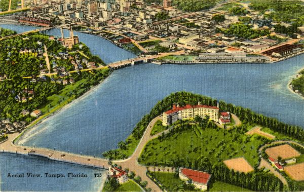 Aerial view looking north toward the mouth of the Hillsborough River in Tampa.