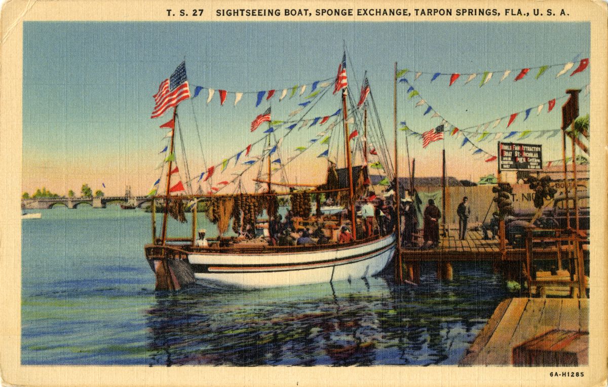 Sightseeing boat, sponge exchange, Tarpon Springs, Fla., U. S. A.