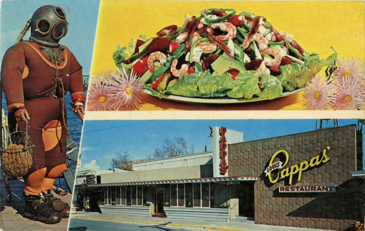 Three views related to Louis Pappas' Riverside Restaurant in Tarpon Springs.