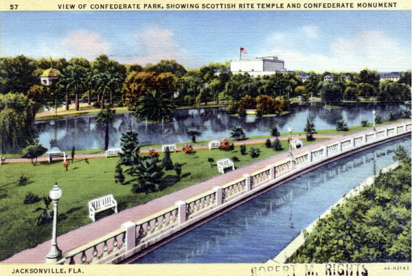 View of Confederate Park, showing Scottish Rite Temple and confederate monument - Jacksonville, Florida