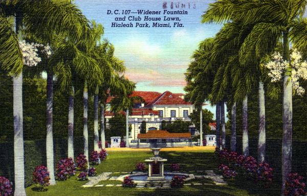 Widener Fountain and club house lawn - Hialeah Park, Miami, Florida