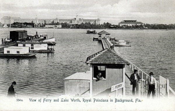 View of ferry and Lake Worth - Royal Poinciana in background, Florida.