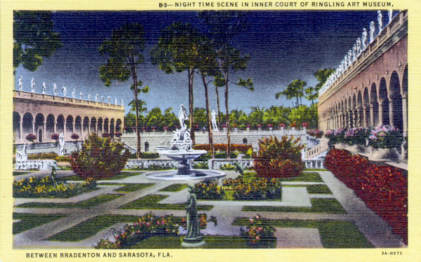 Night time scene in inner court of John and Mable Ringling Art Museum - Sarasota, Florida.