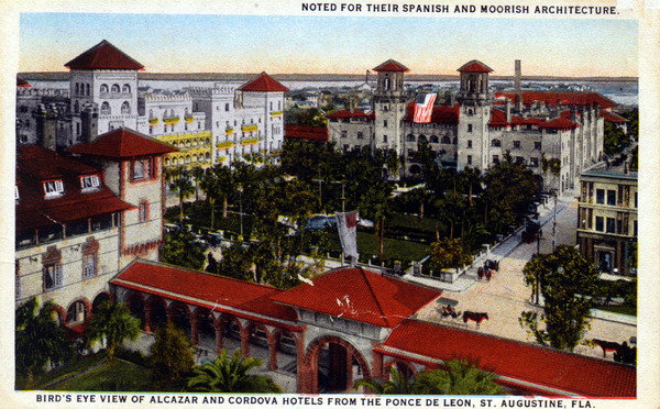 Bird's eye view of Alcazar and Cordova Hotels from the Ponce de Leon, Saint Augustine, Florida