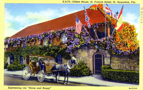 Sightseeing via horse and buggy at Oldest House, Saint Francis Street - Saint Augustine, Florida.