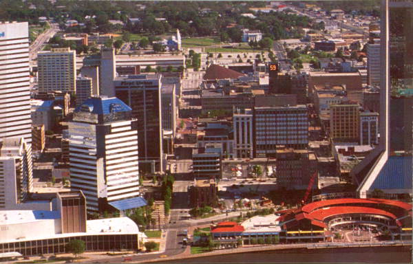 An aerial view of the ever-growing Saint Johns Riverfront - Jacksonville, Florida .