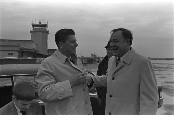 Florida Governor Claude Kirk, right, being greeted by California Governor Ronald Reagan in Los Angeles.