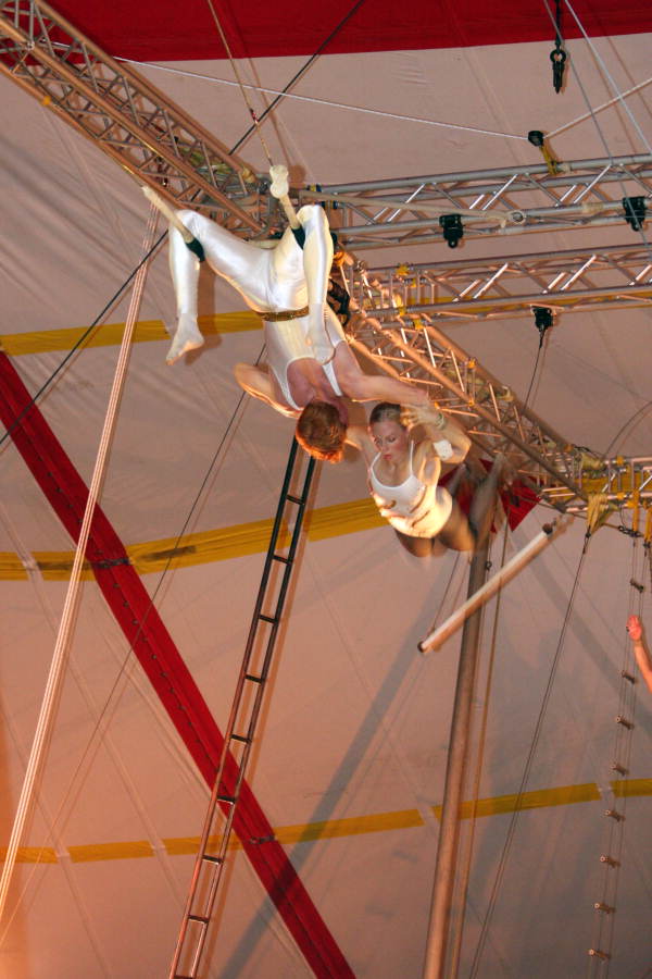 View showing FSU students during a circus trapeze performance in Tallahassee, Florida.