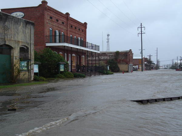 Flooding of streets of Apalachicola during Hurricane Dennis.