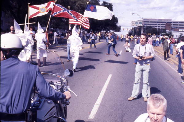 Scene showing the KKK rally on South Monroe Street in Tallahassee, Florida.