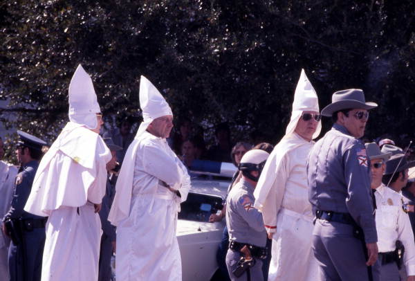 Close-up view showing some KKK members during the rally on South Monroe Street in Tallahassee, Florida.