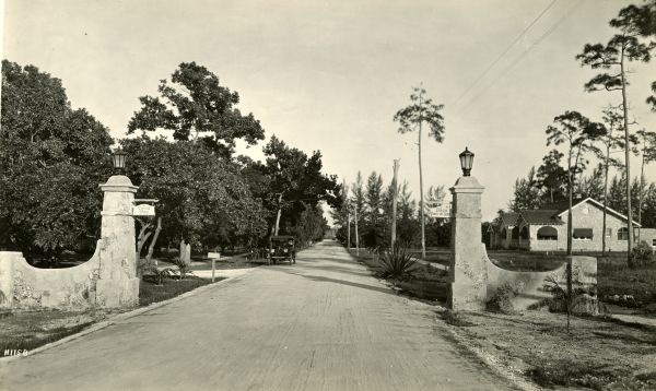 Ponce de Leon Plaza entrance gate on Coral Way in Coral Gables.
