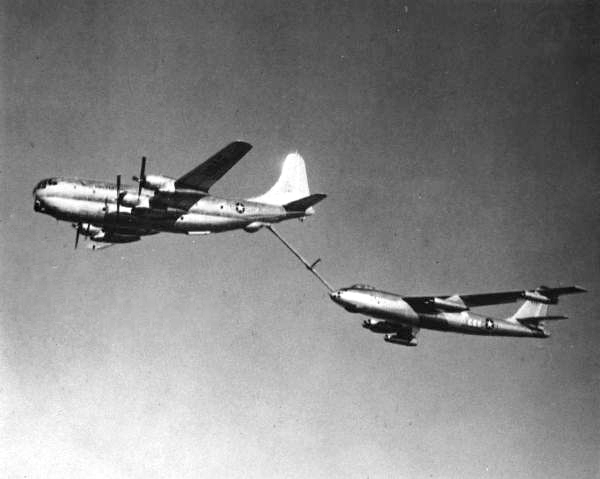 In flight refueling of a B-47 bomber by a KC97 aircraft