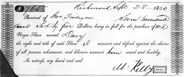 Photograph of a receipt for the purchase of a slave named Davy