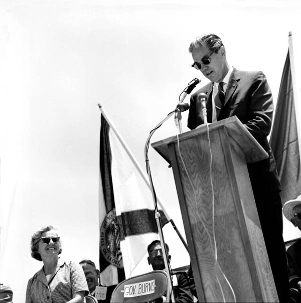 Governor Haydon Burns speaking at the groundbreaking ceremony for the Inglis lock.