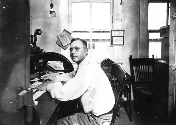 Fred Kreider in office of O. K. Ice Company