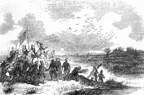 Drawing of Hernando de Soto and his men preparing to cross Long Swamp