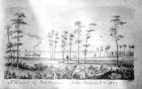 Drawing of Fort Mellon and steamship on Lake Monroe
