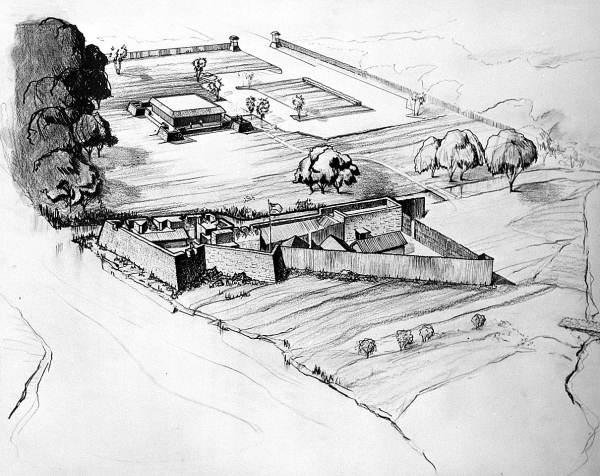 Drawing of reconstruction of the Fort San Marcos de Apalache with state park visitor center - St. Marks, Florida.