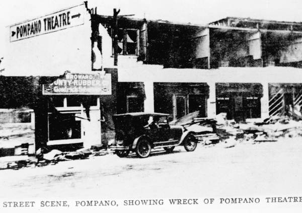 Street scene, showing destruction of the Pompano Theatre by a hurricane - Pompano Beach, Florida.