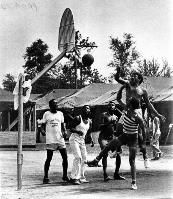 Cuban refugees playing basketball at Camp Libertad in Fort Walton Beach, Florida.