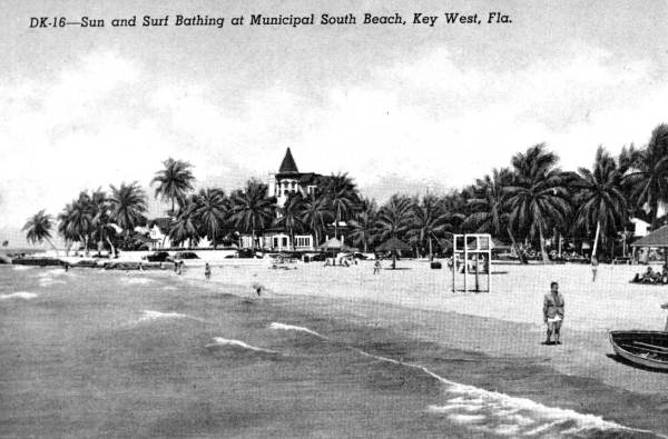 Sun and Surf Bathing at Municipal South Beach, Key West, Florida..