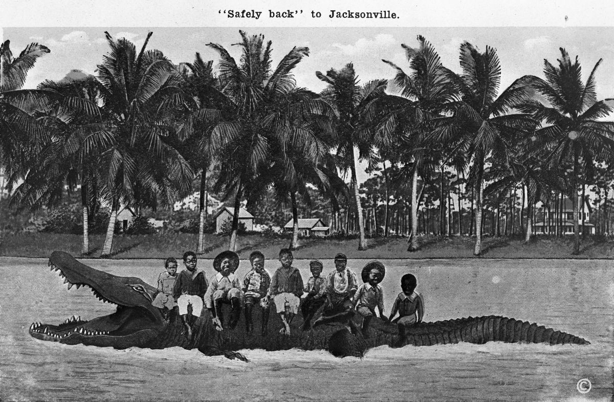 Drawing of African American children on the back of an alligator