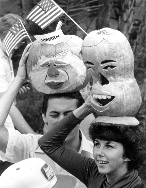 Pumpkin carvings of President Jimmy Carter.