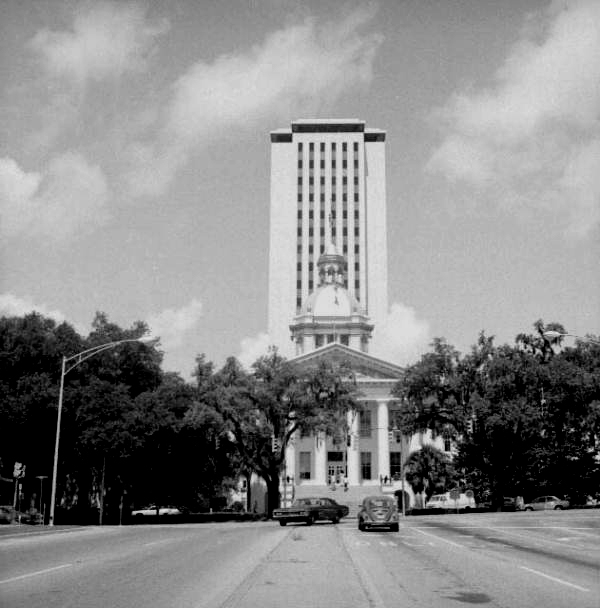 View down Apalachee Parkway at Florida's capitol building.