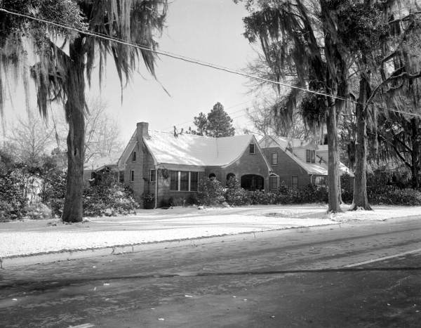 Brick house covered in snow - Tallahassee, Florida.
